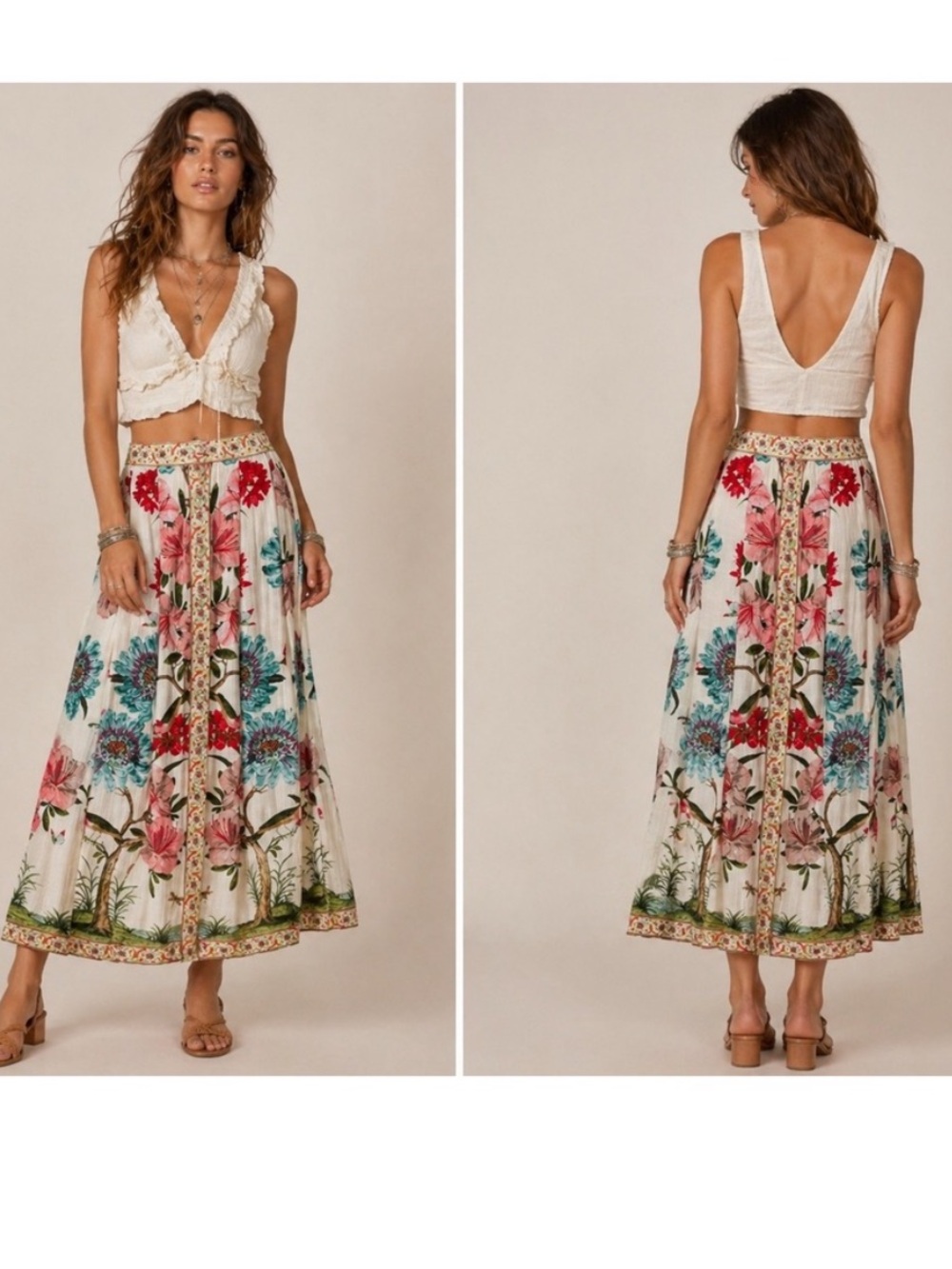 Rose & Olive Resort Floral Botanical Bird Boho Maxi Skirt - Pink, White & Red
